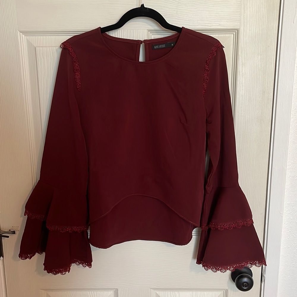 Mikarose Red Blouse. Bell Sleeves. Size M.